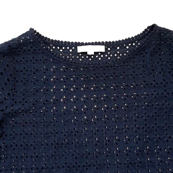 LOFT Cotton Navy Short Sleeve Eyelet Shirt/Top/Blouse with Pom Pom Trim, L - Picture 2 of 8